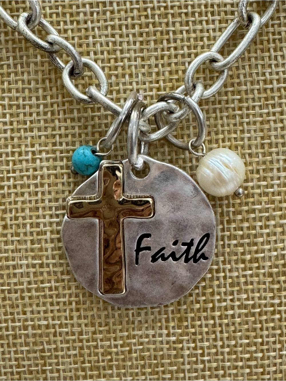 Faith Cross Pendant Necklace w/Turquoise and Pearl Charms. Bundle & save shipp.